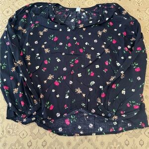 Old Navy Black Blouse with Pink and White Floral Design